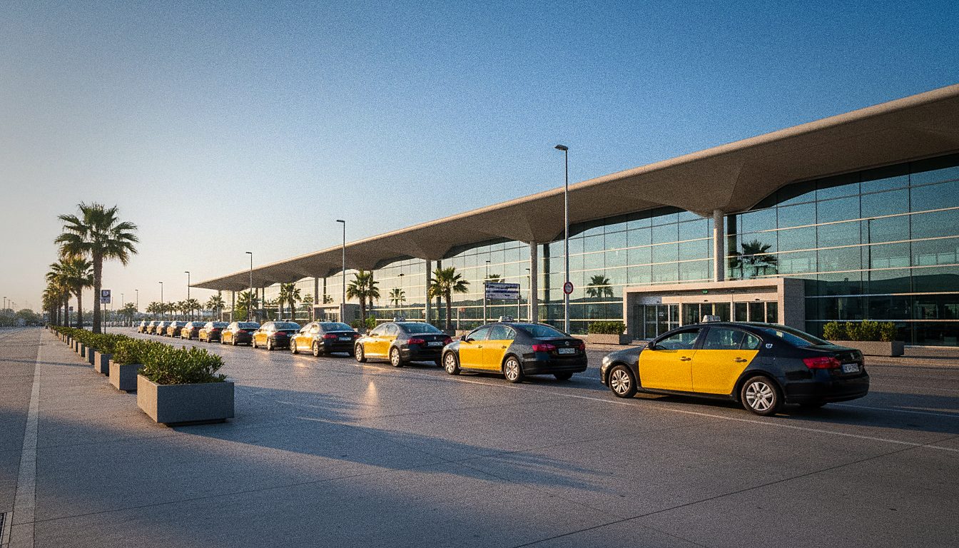 Fila di taxi in attesa fuori da un terminal aeroportuale
