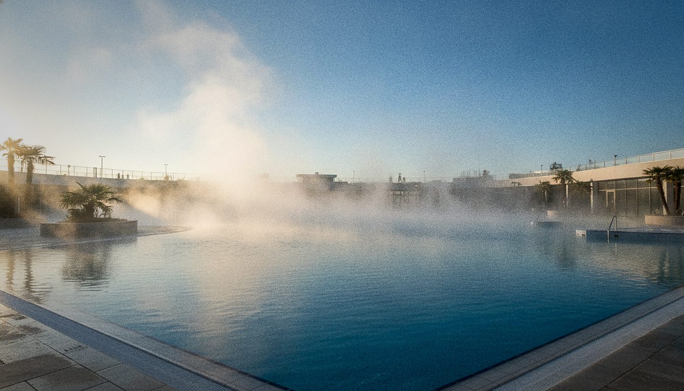 Piscina termale all'aperto con vapore visibile in una giornata fredda